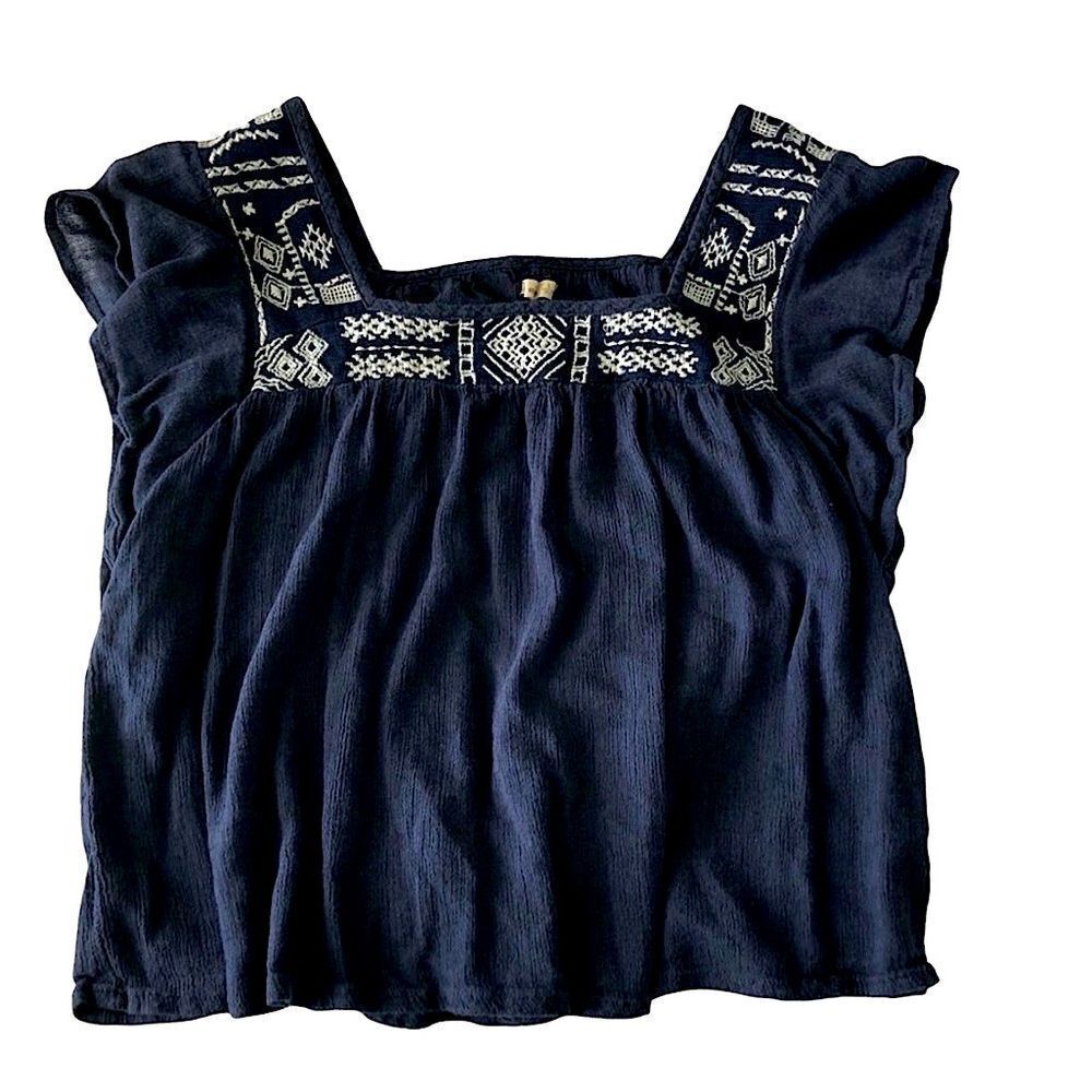 Hollister Boho Embroidered Peasant blouse Navy Blue Juniors Small